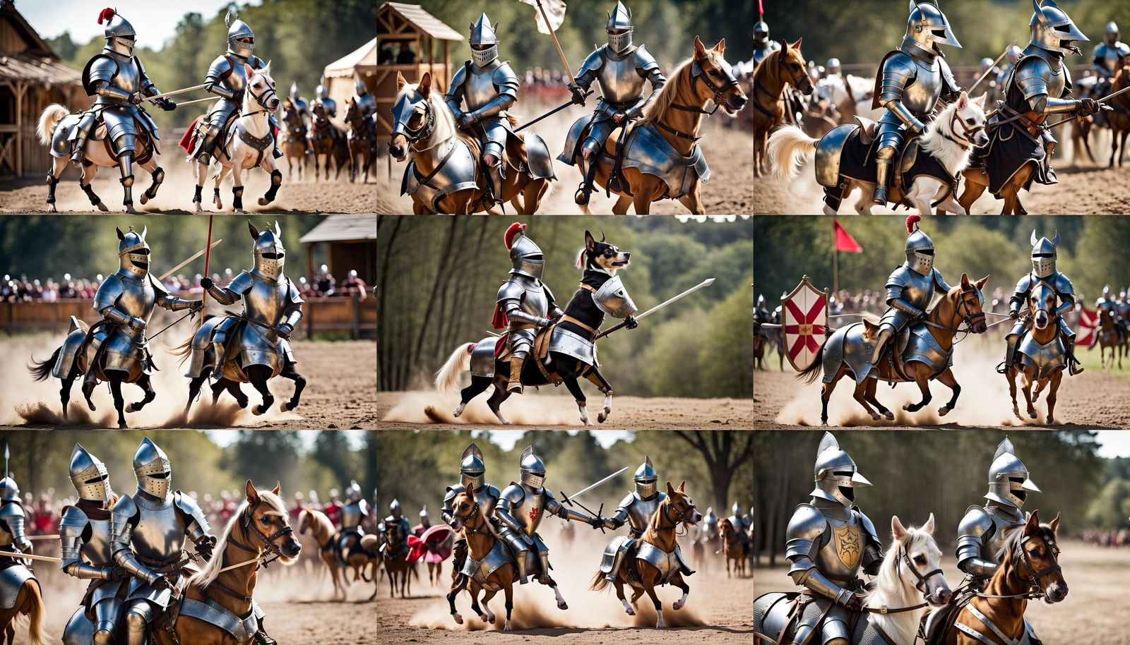 Chihuahuas in Knight Armor Jousting on Horseback