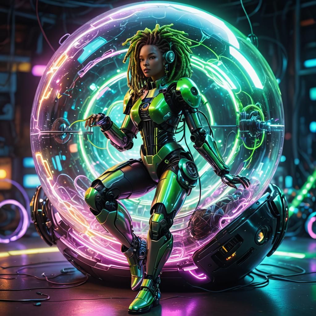 Neon Robot in Glass Ball: Sci-Fi Digital Art