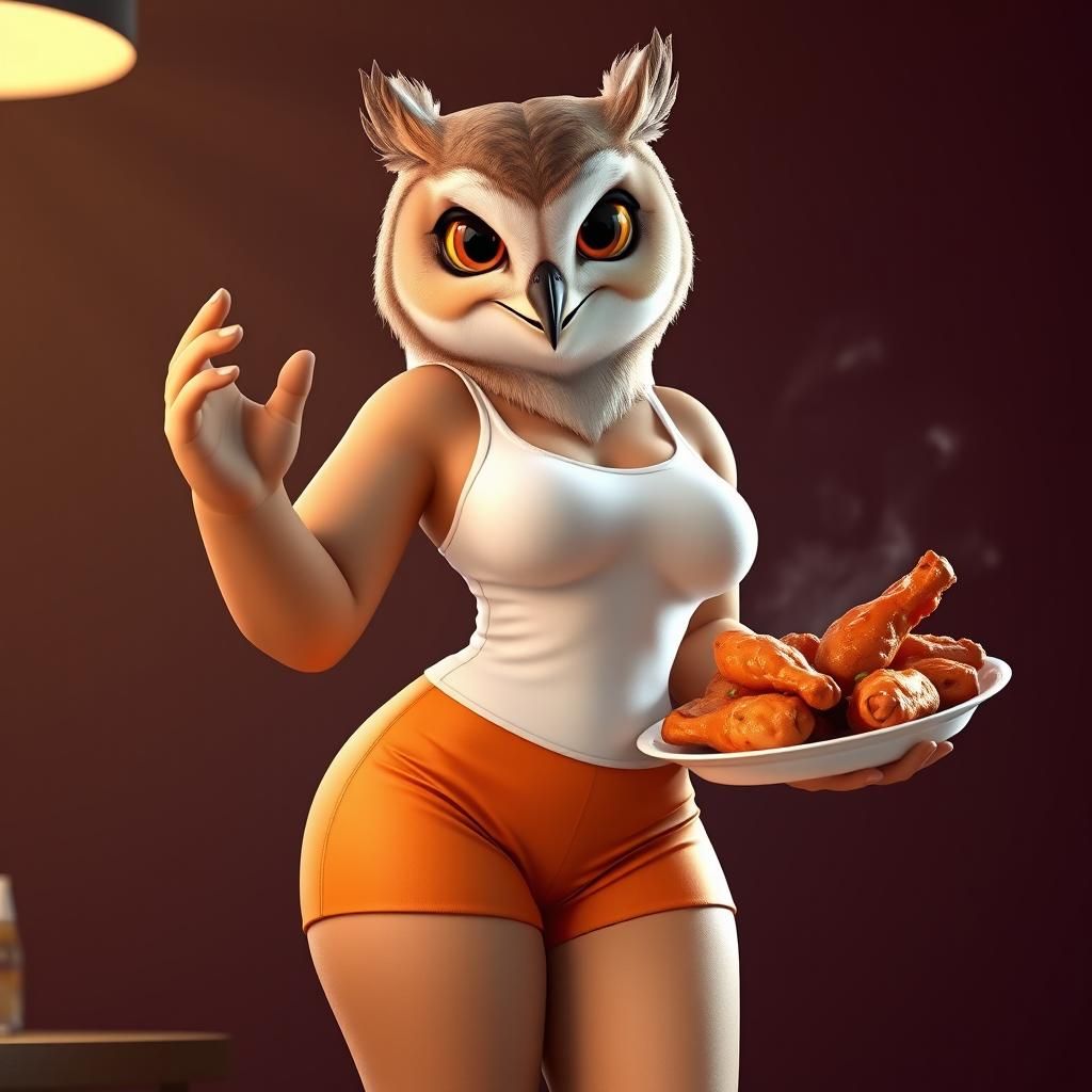 Confident Owl Waitress Serving Chicken Wings in Pixar Style