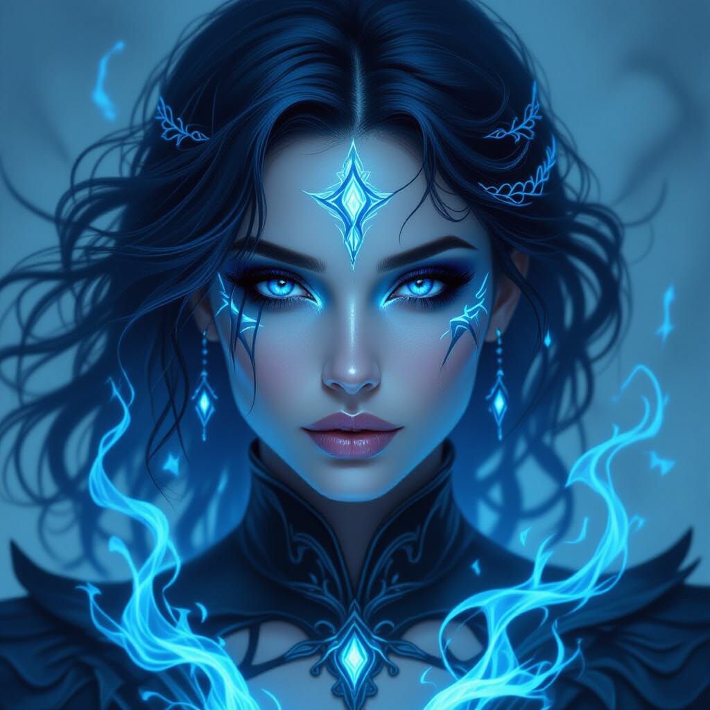 Mysterious Woman with Sapphire Skin and Glowing Runes