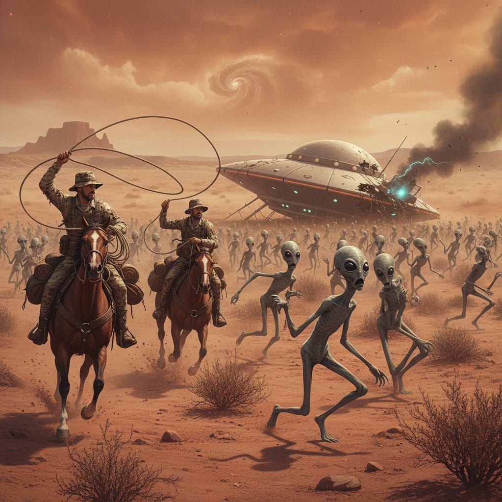 Special Forces Lassoing Aliens in Desert Landscape