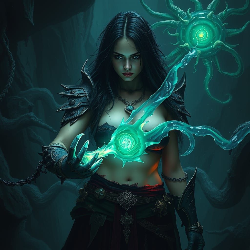 Mystical Woman Confronts Slime Nexus in Dark Fantasy
