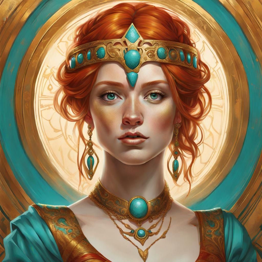 Red-Haired Woman in Gold Dress: Hyper-Detailed Portrait