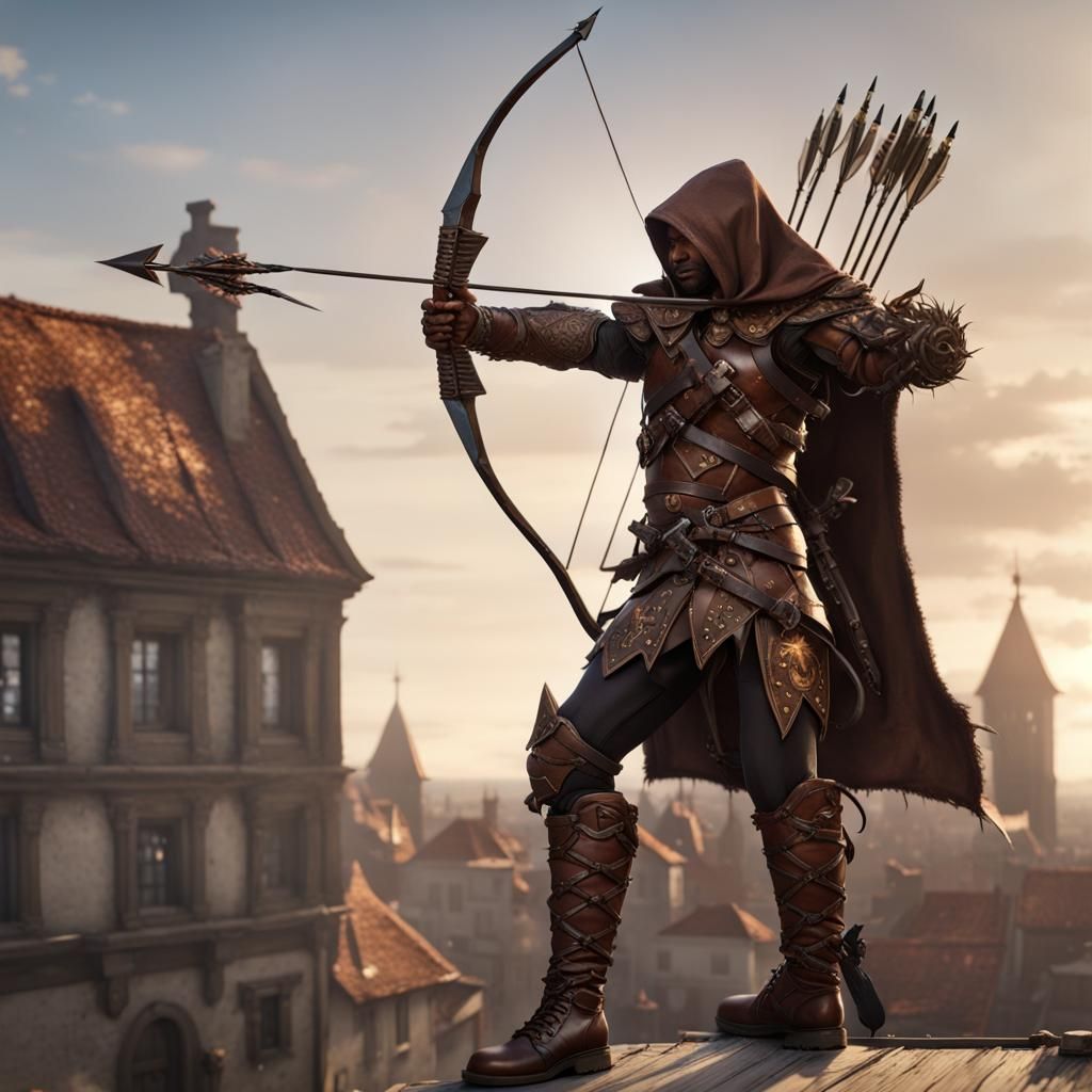 Wooden Demon Archer in Medieval Town, Digital Art