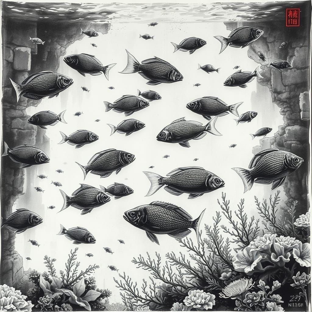 Surreal Aquarium Scene in Traditional Ink Wash Style