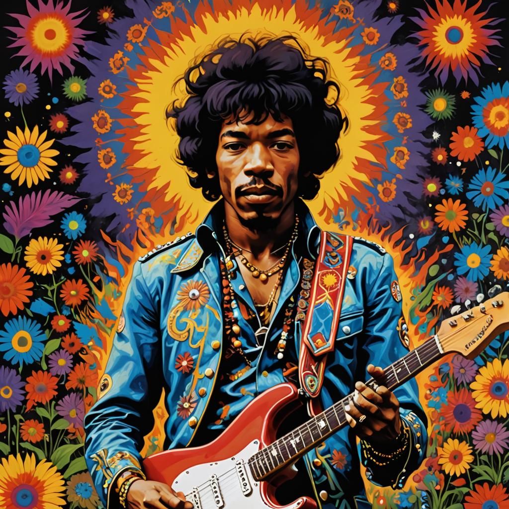 Jimi Hendrix at Psychedelic Woodstock in 60s Style