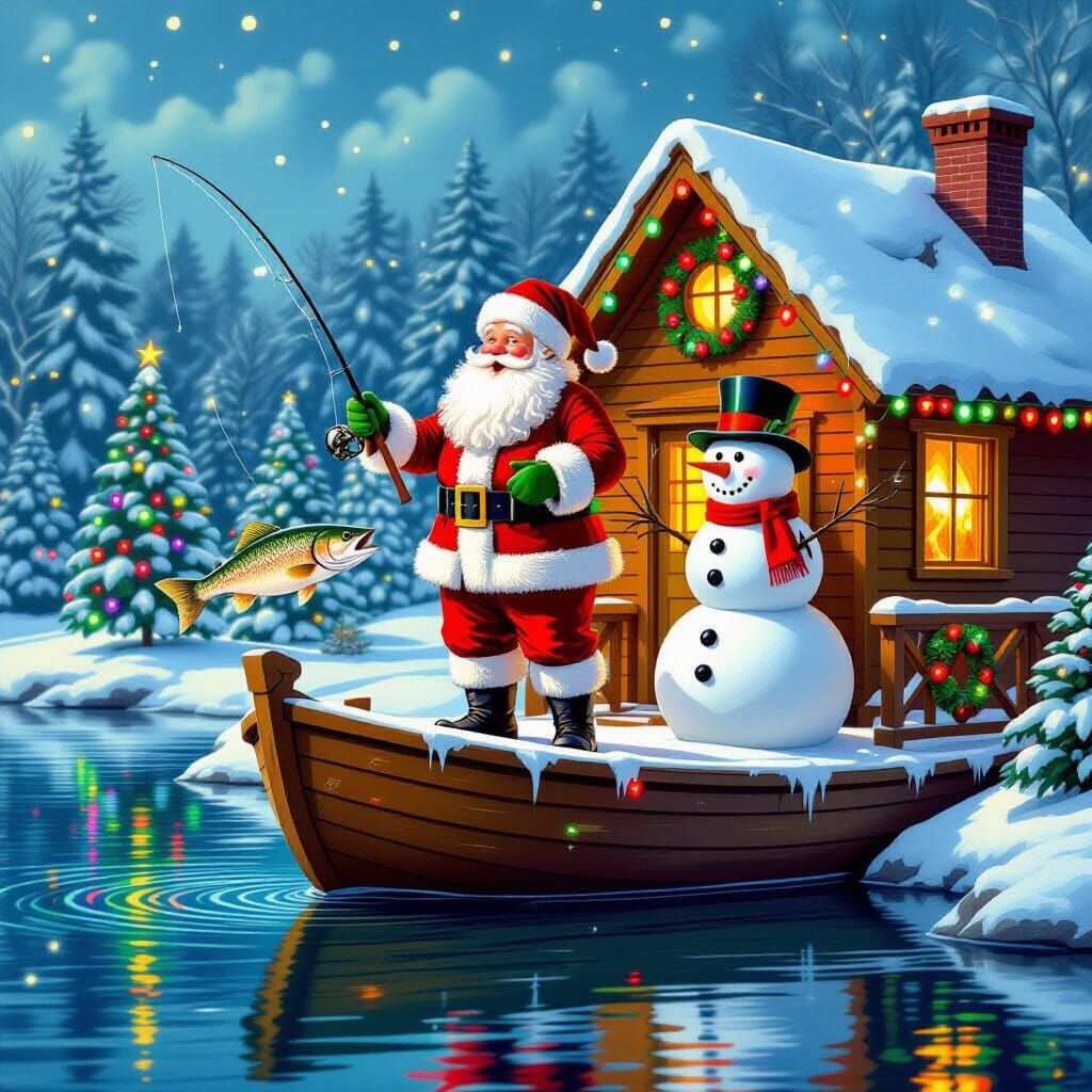 Santa and Snowman Fishing from Whimsical Houseboat