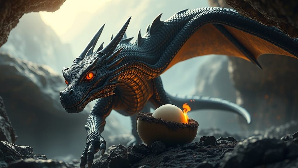 Dragon Guarding Egg in Misty Cave, Hyper-Realistic