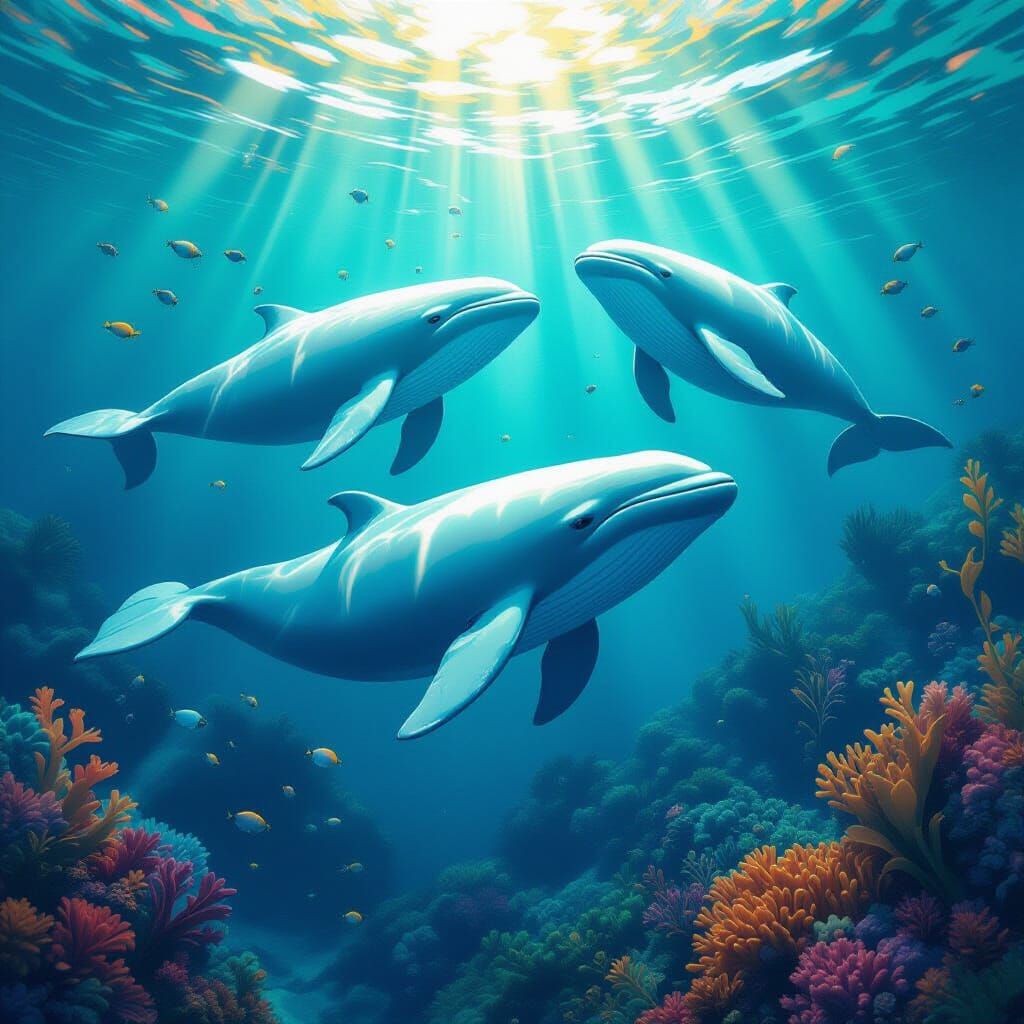 Beluga Whales in Iridescent Ocean Depths