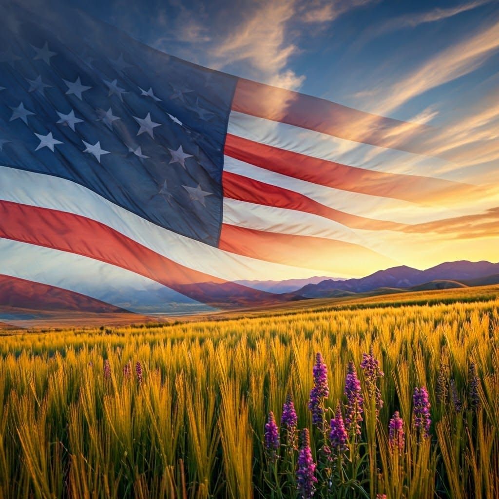 American Flag Double Exposure Landscape, Photorealistic Styl...