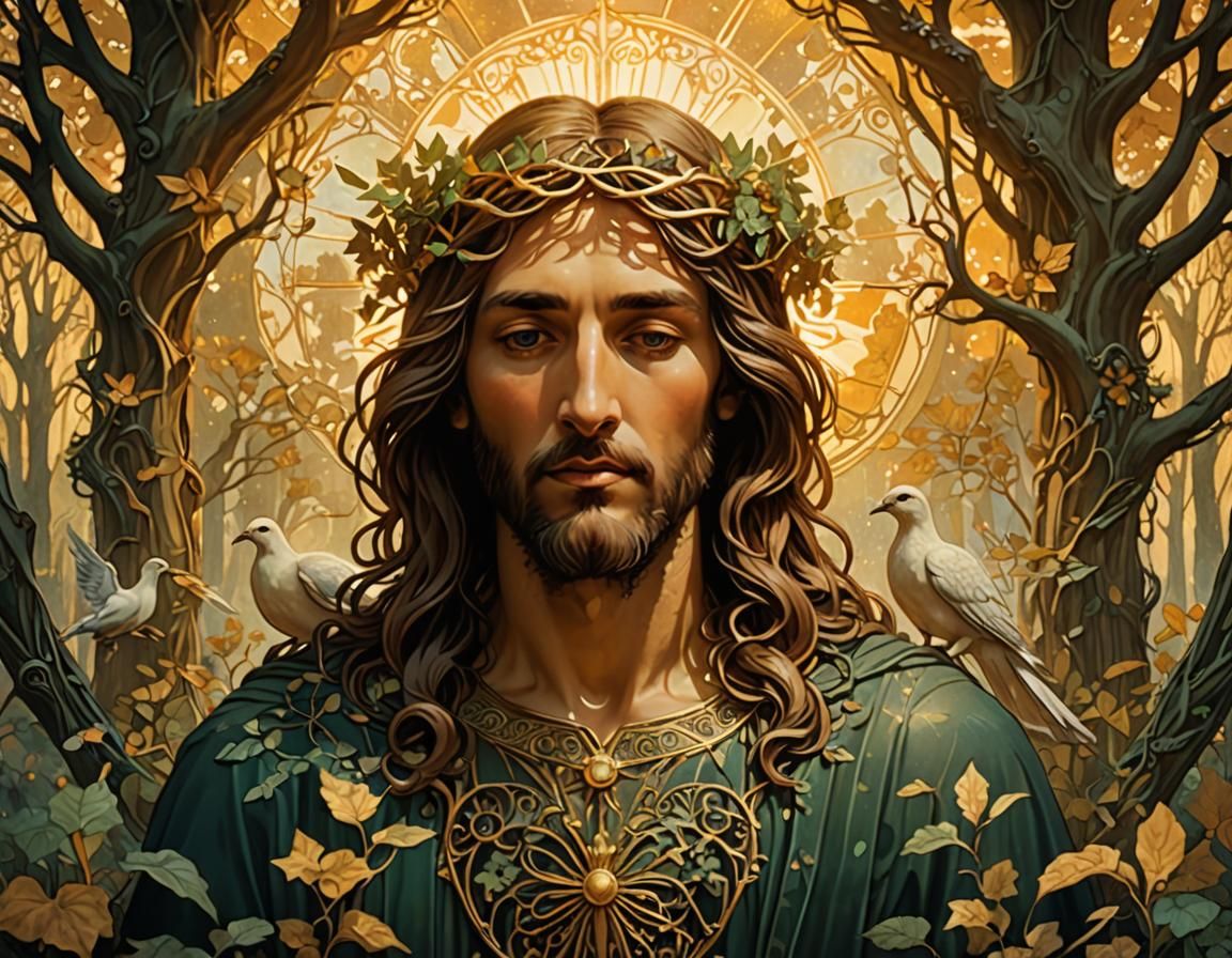 Christ in Enchanted Forest: Art Nouveau Double Exposure