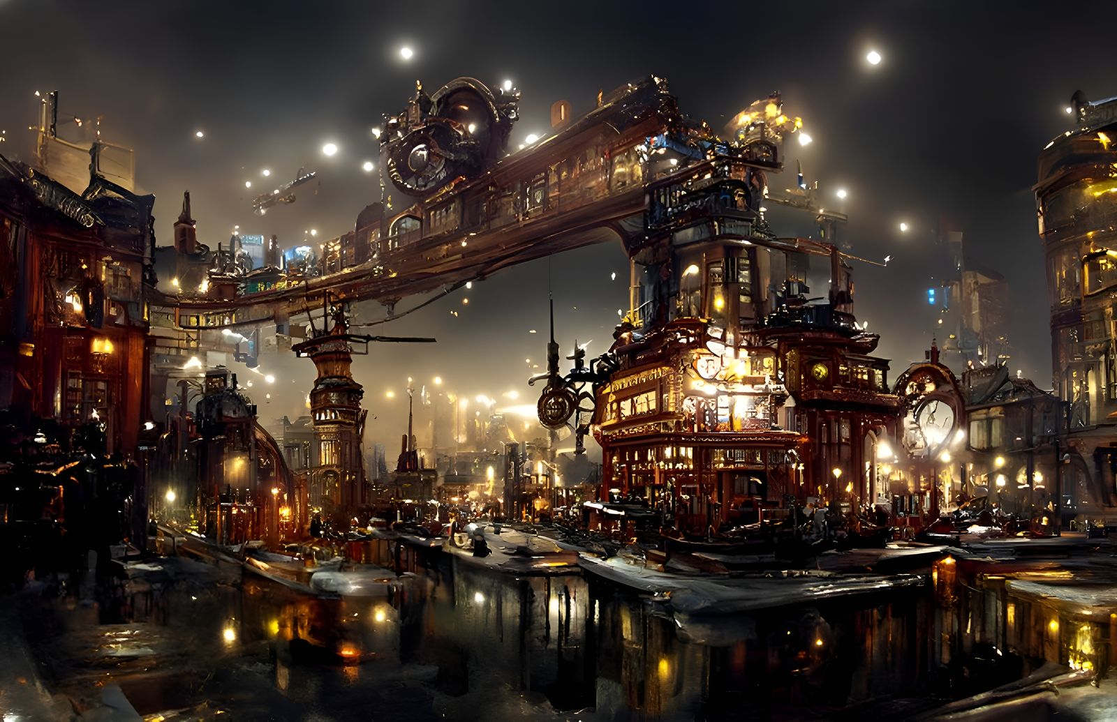 Serene Steampunk Cityscape at Night