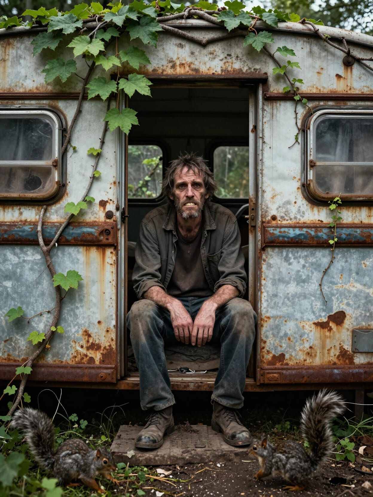 Man in Dilapidated Trailer Home with Creeping Vines