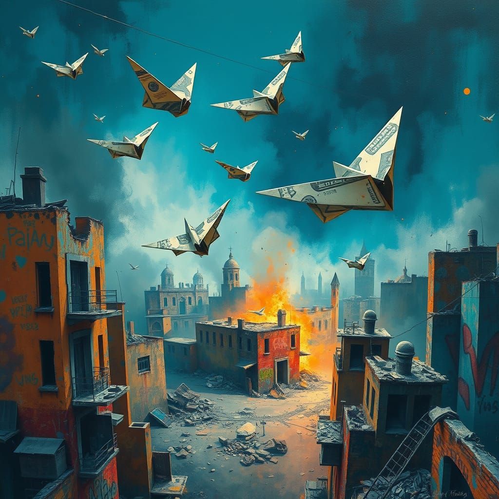 Paper Money Airplanes Dogfight Over War-Torn Cityscape