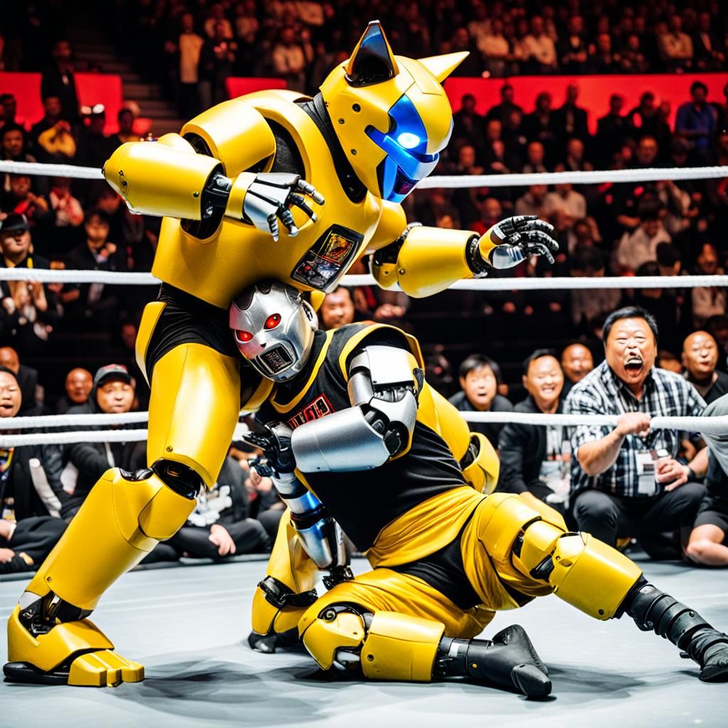 Robot Cat Wrestles Yellow Wrestler Before Screaming Fans