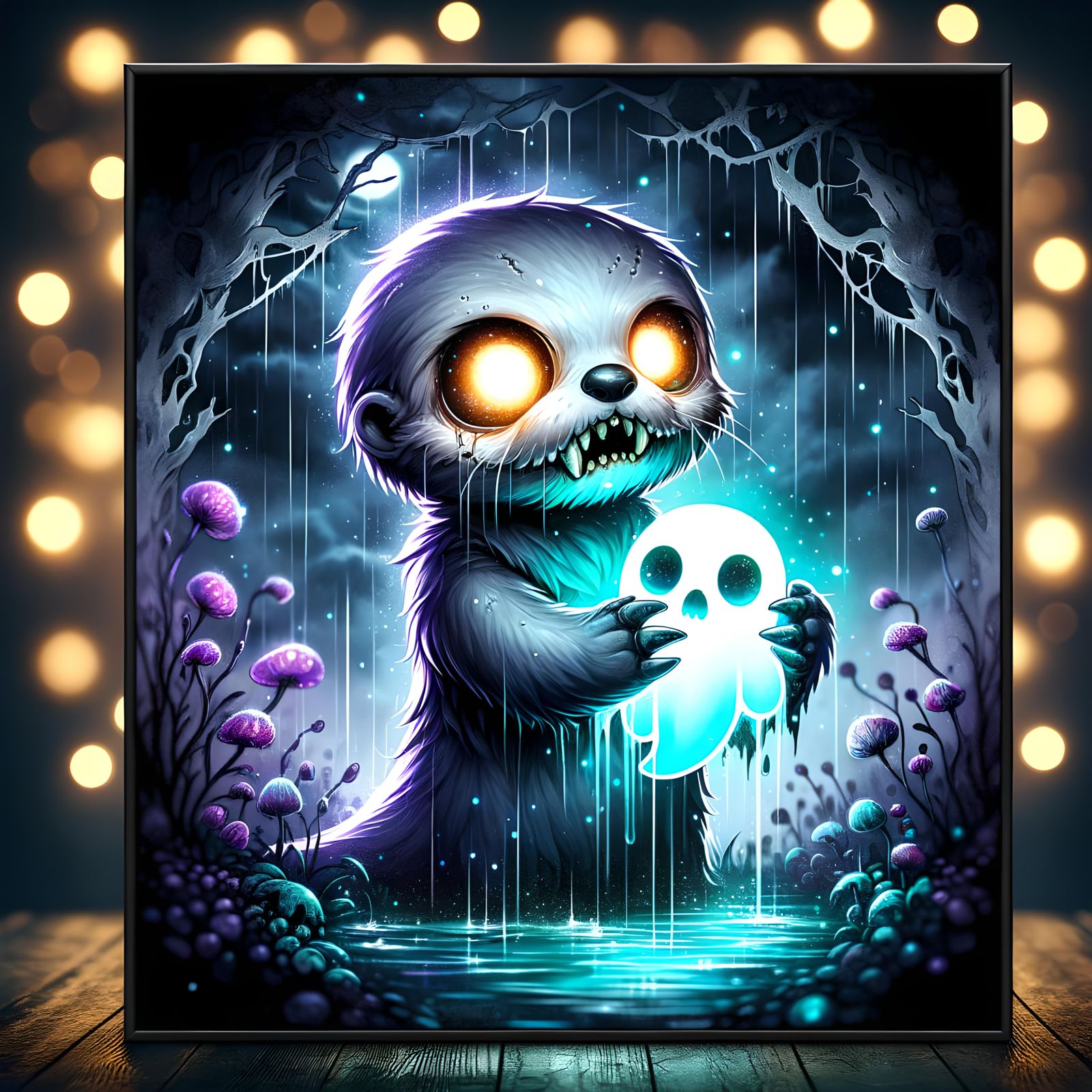 Undead Chibi Otter Shields Ghost in Watercolor Style
