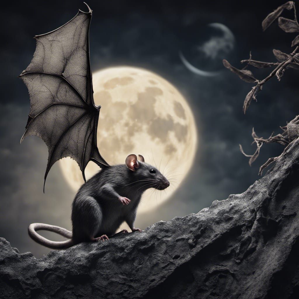 Bat-Winged Rat in Front of the Moon: Hyperrealistic Image