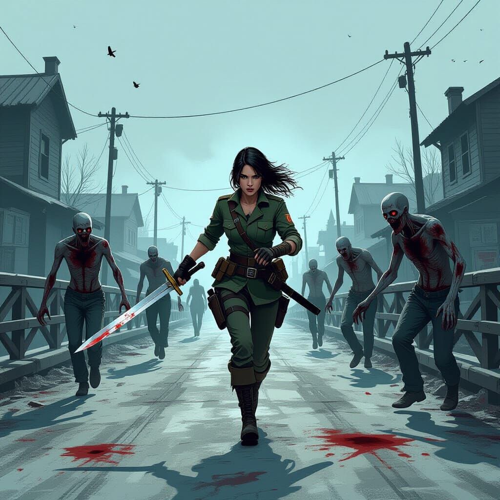 Soldier Girl Fights Zombies on Bridge in Small Town