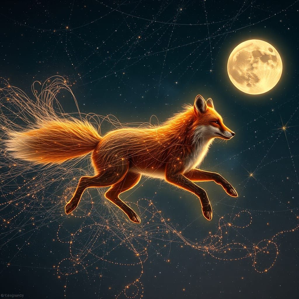 Bioluminescent Fox Galloping Through Starry Sky