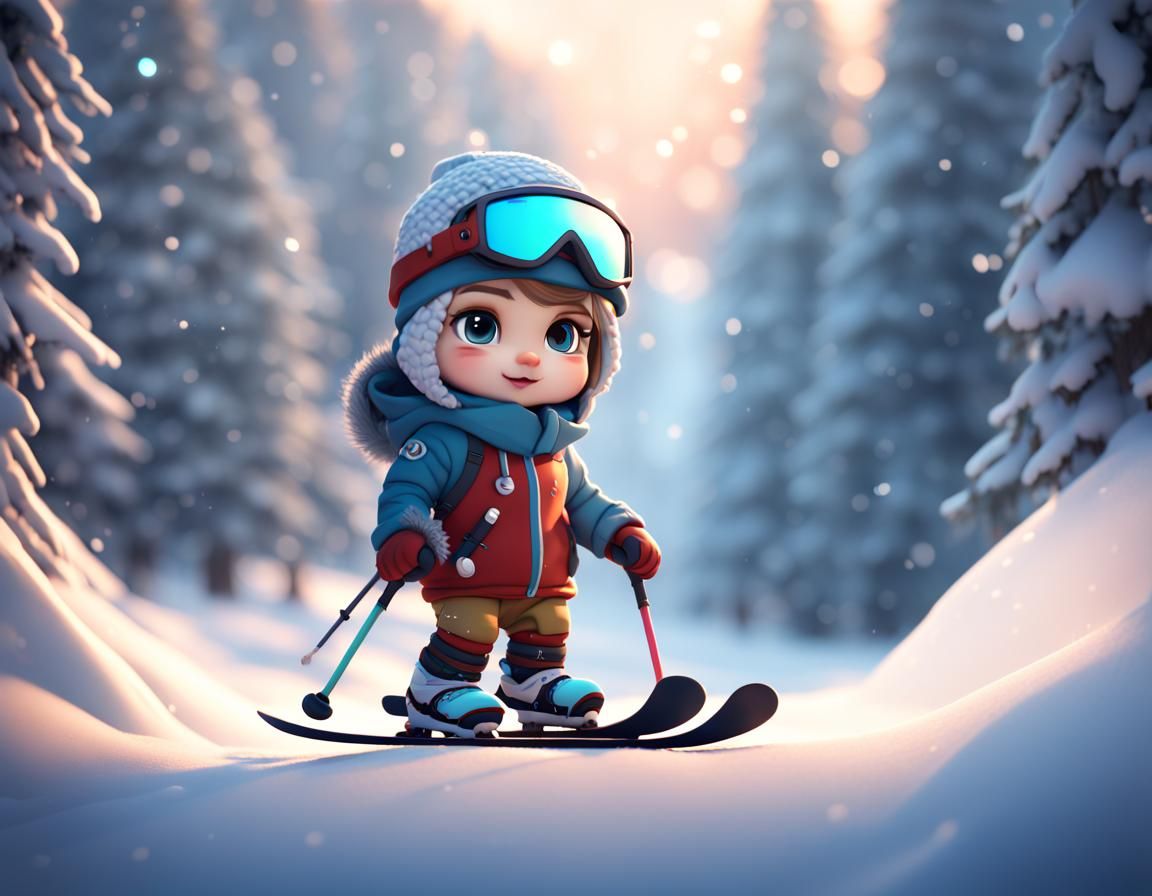 Chibi Character as a Skier in Winter