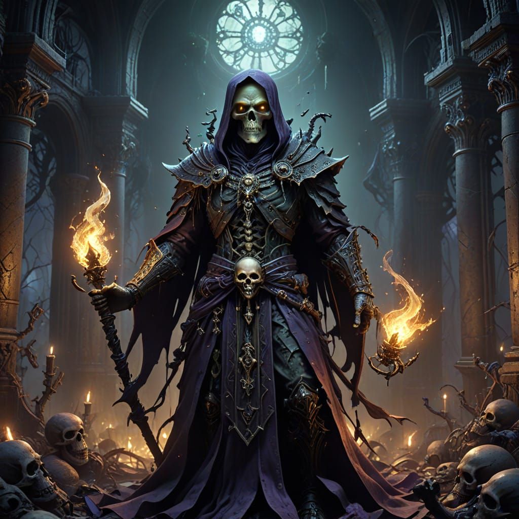 Dark Fantasy Necromancer Commands Twisted Minions in Gothic...