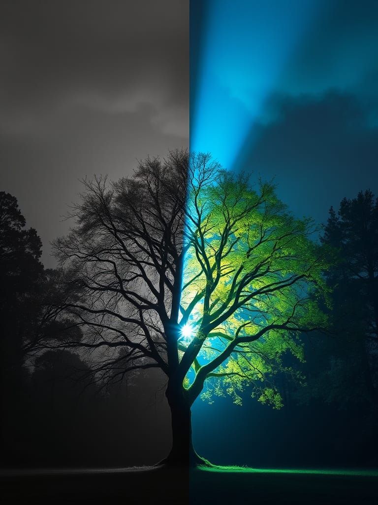 Lightning Illuminates Tree Split Between Color and Monochrom...