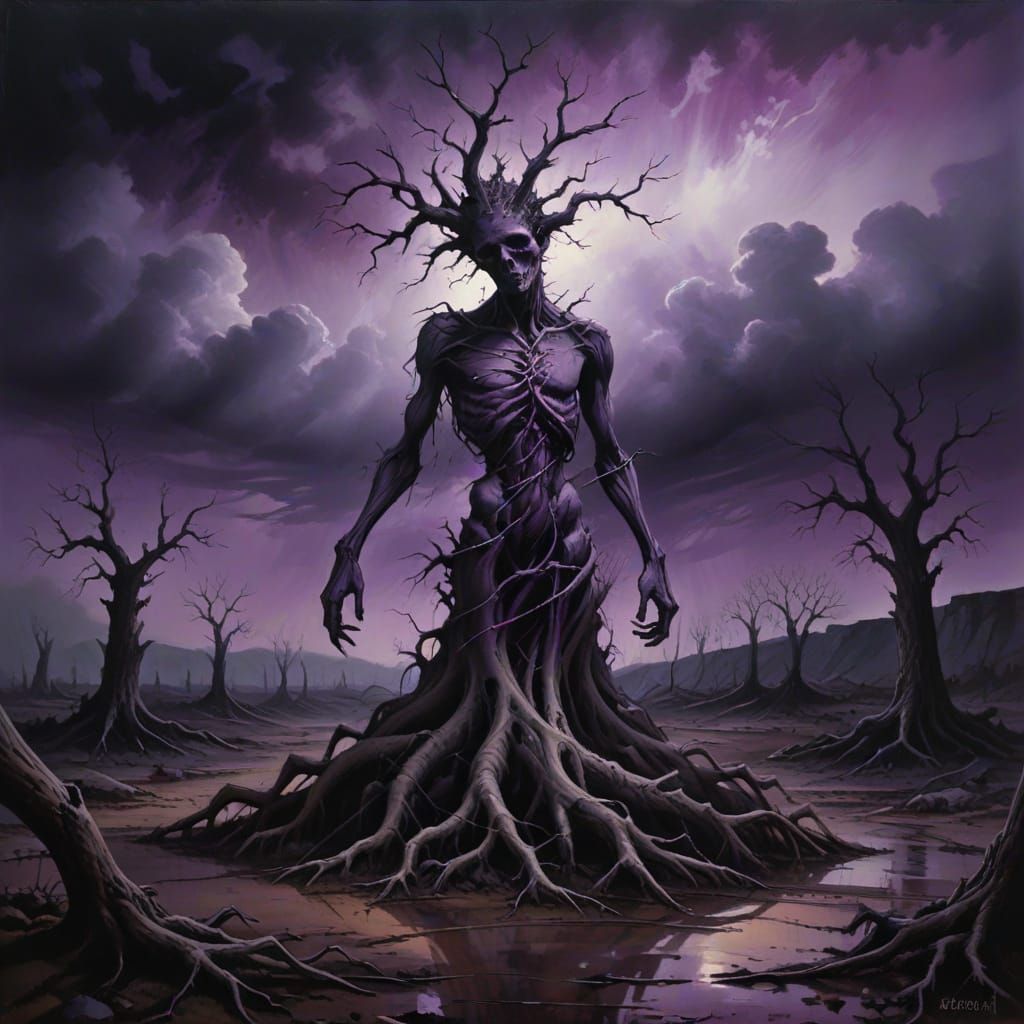 Dark Surrealism: Figure in Desolate Landscape