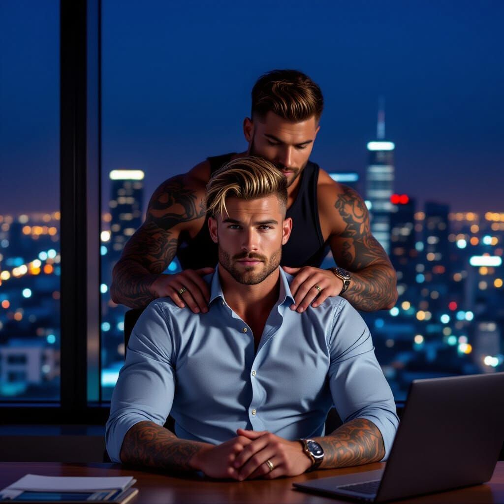 Athletic Man Overlooks City Night in Cinematic Office