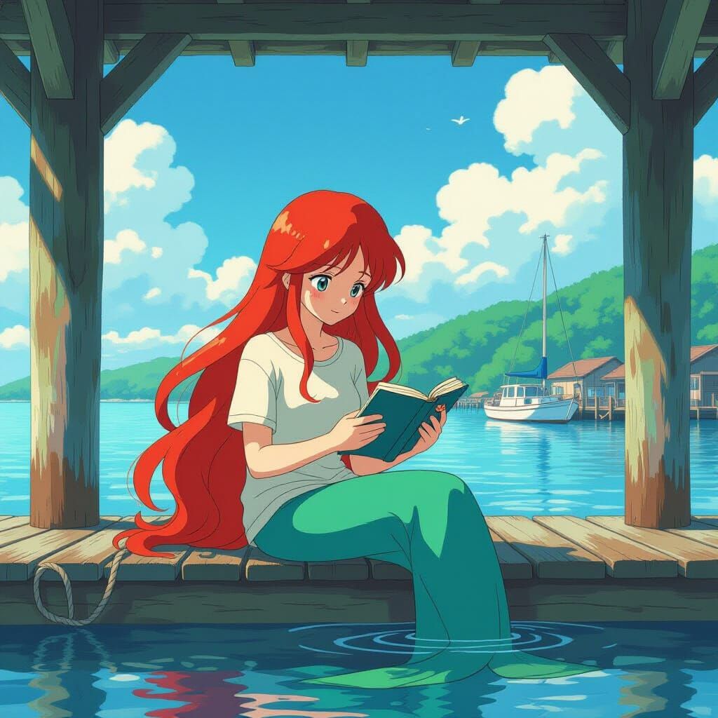 Red-haired Mermaid Reading Under Dock in Anime Style