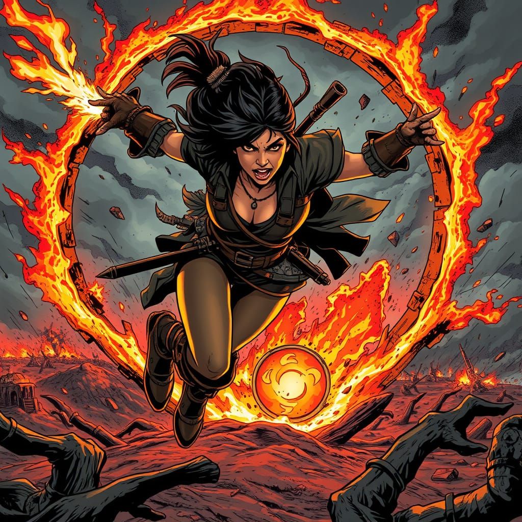 Latina Warrioress Leaping Through Fiery Portal