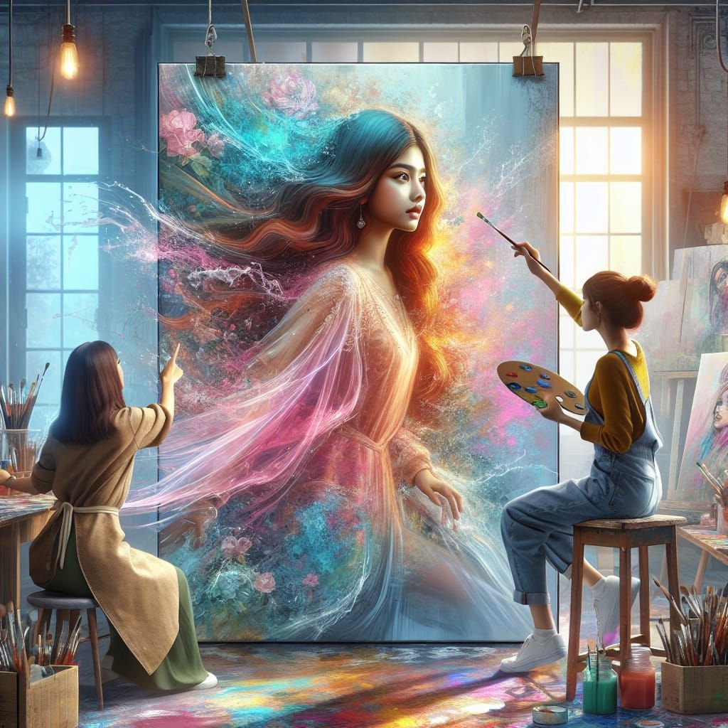 Hyperrealist Painting of Girl Emerging from Canvas