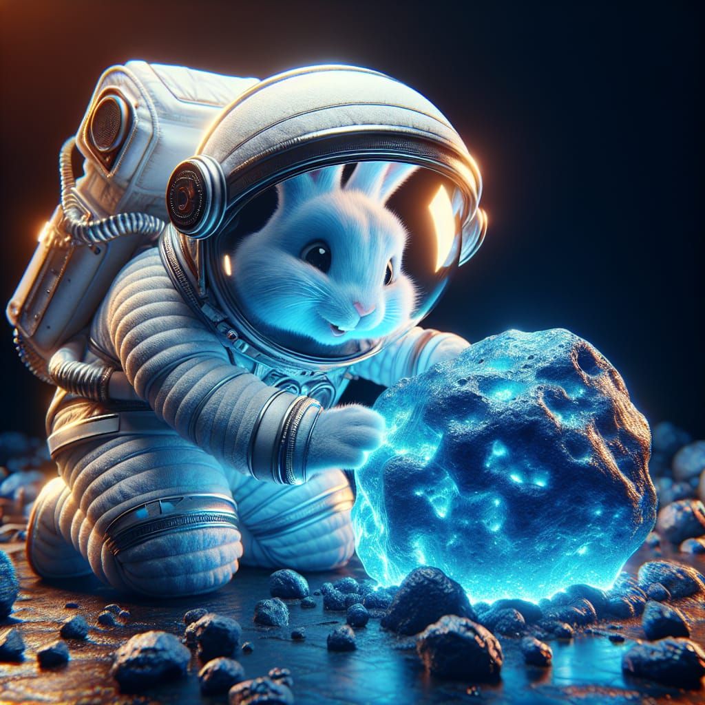 Happy Bunny in Spacesuit Investigates Blue Meteorite