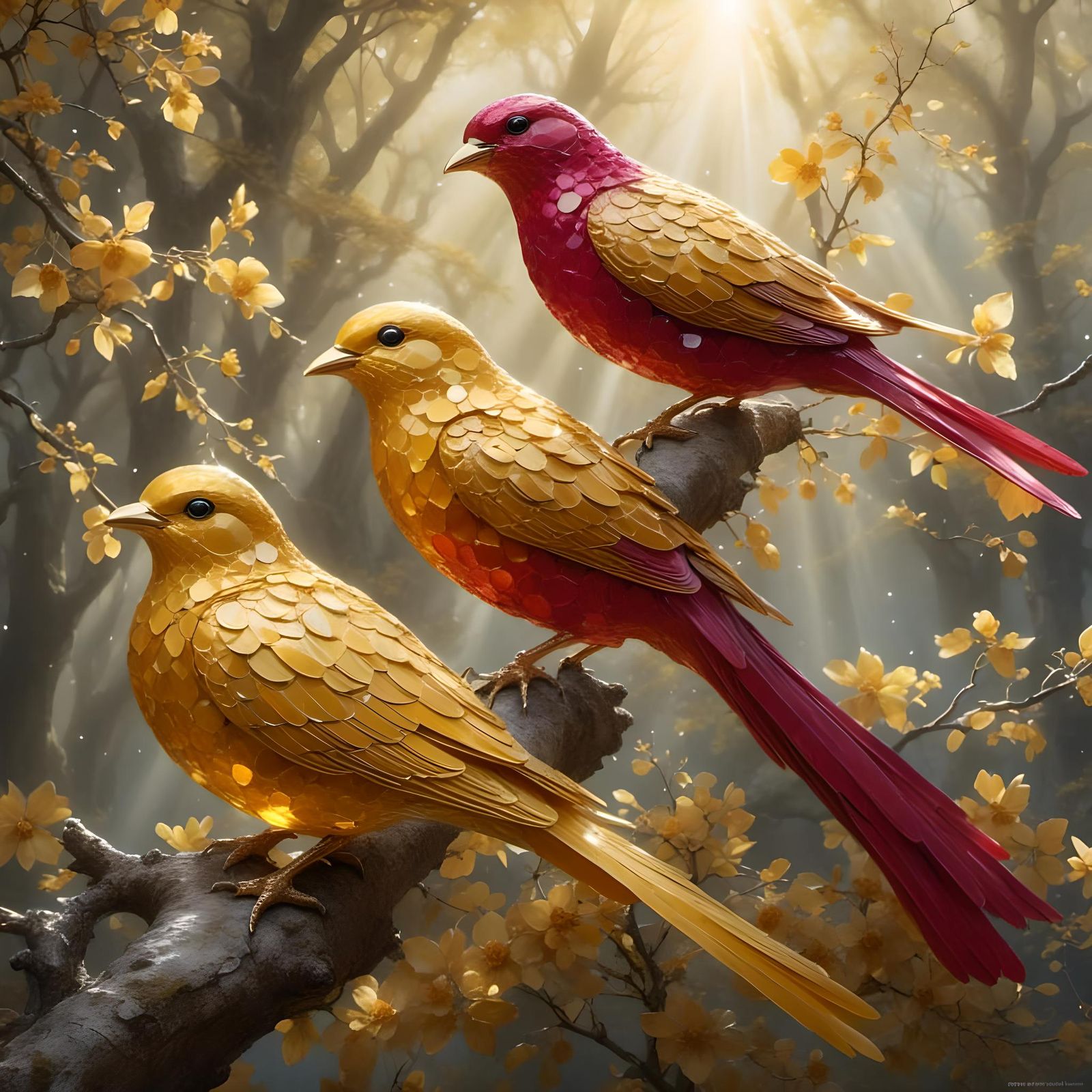 Ruby and Citrine Bird with Yellow Hues