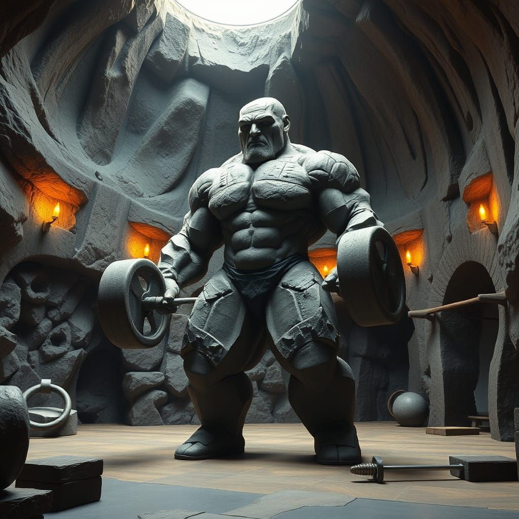 Vibrant Vintage Rock Titan Lifts Stone in Fitness Center