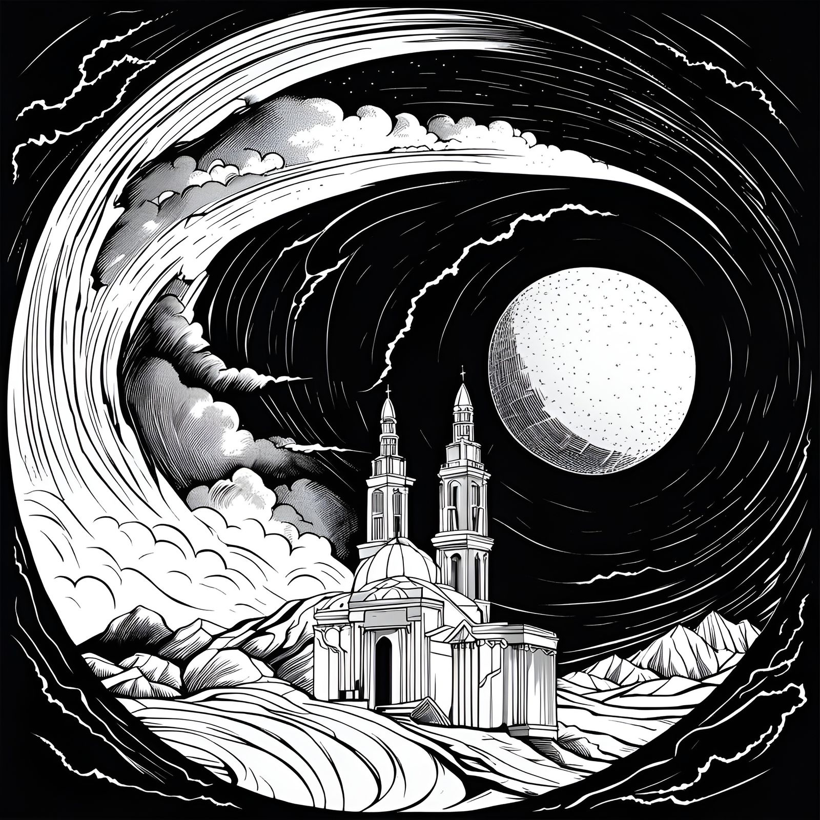 Lightning Storm Over Desert City: Black Ink Vector Art