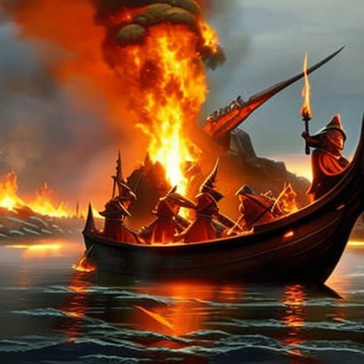 A Viking funeral. A Viking longship on fire in a river. Onlookers with fire torches line the river bank.