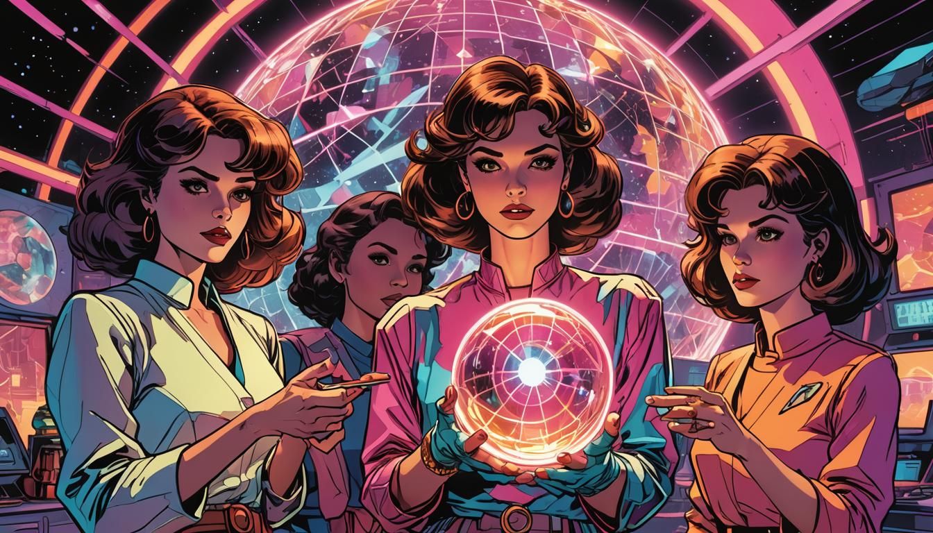 Retro-Futuristic Housewives with Glowing Orb in Comic Art