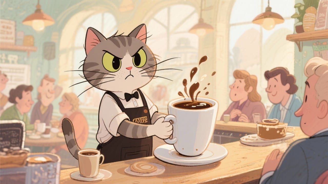 Grumpy Cat Barista in Storybook Illustration Style