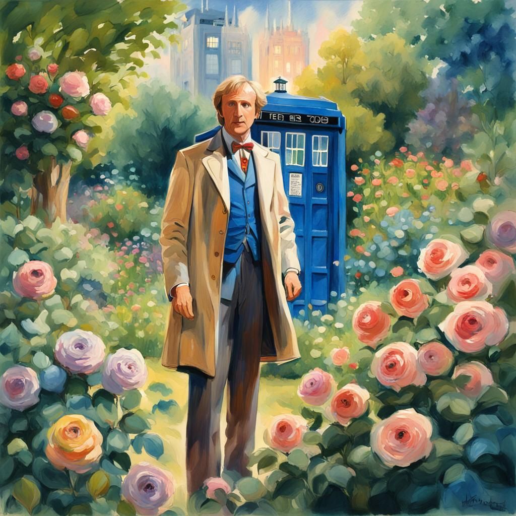 Fifth Doctor in Rose Garden: Impressionist Gouache Painting