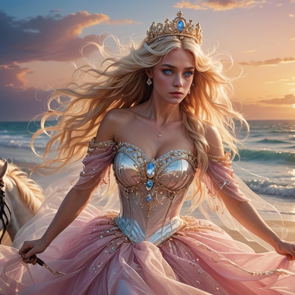 Anime Goldie Hawn Rides Horse on Sunset Beach