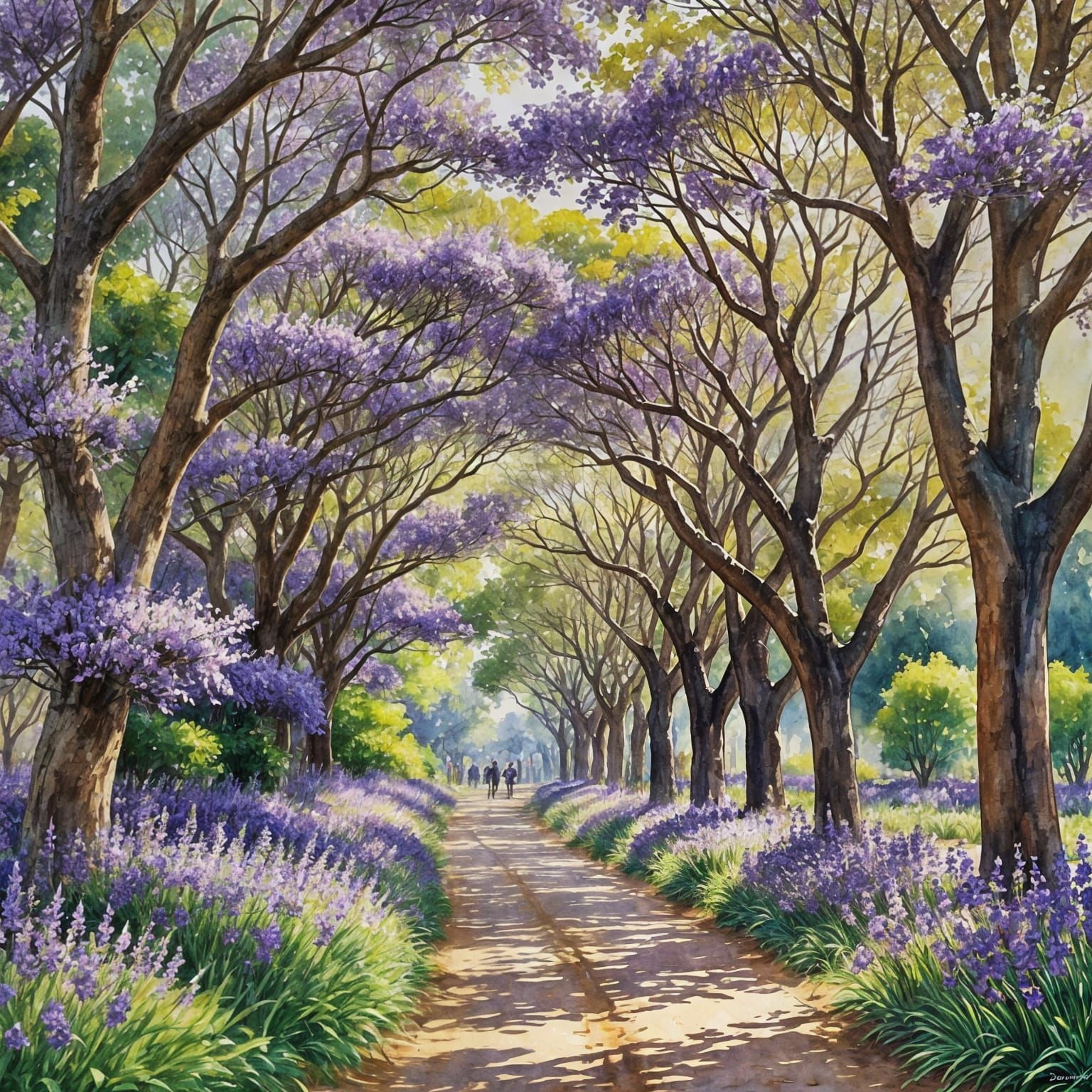 Jacaranda Trees in Bloom: Impressionistic Watercolour