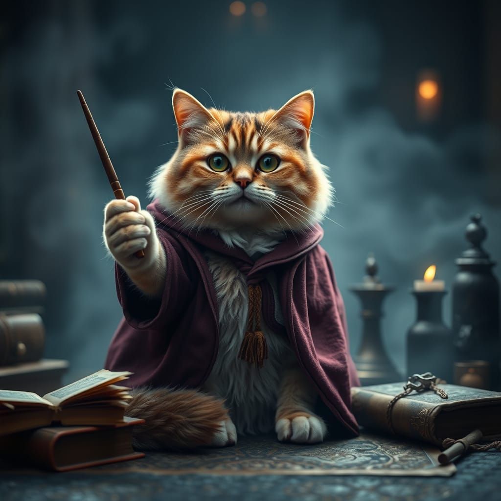 Fat Feline Wizard in Hogwarts Robes
