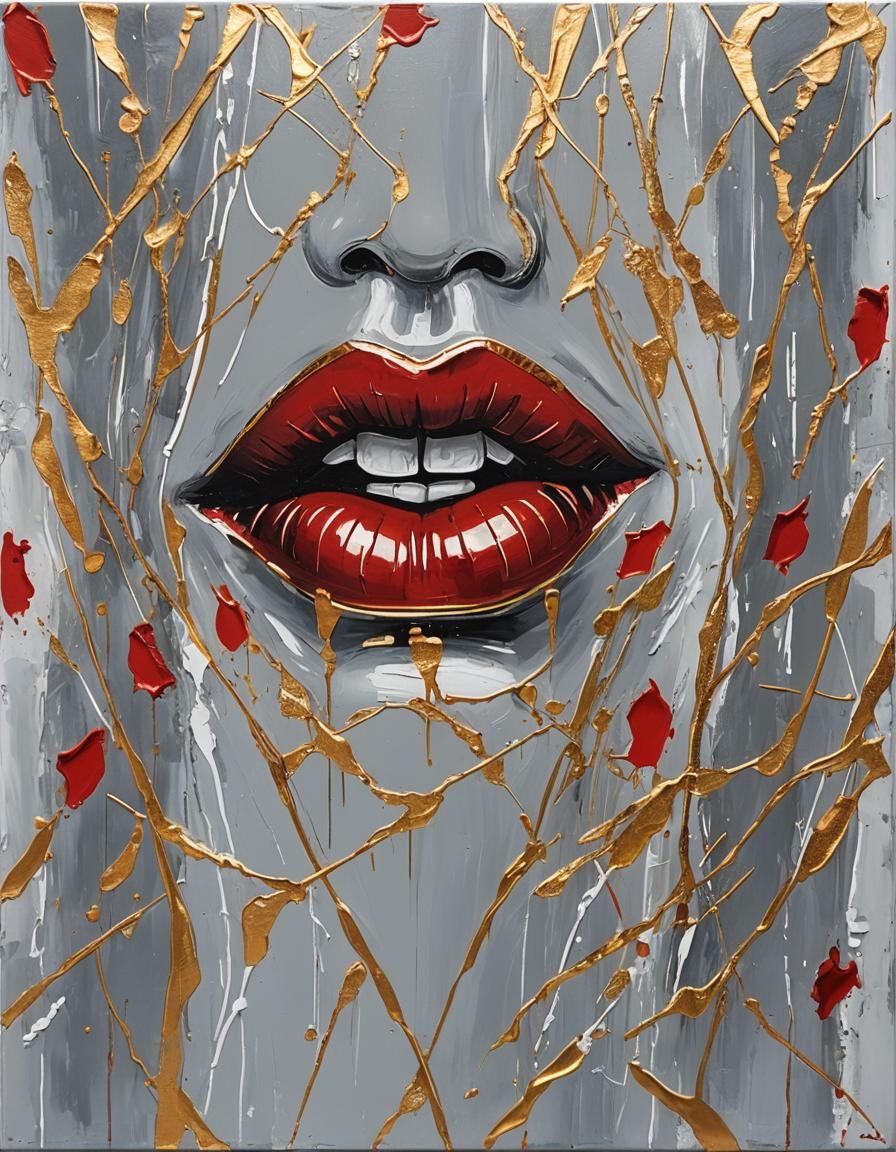 Abstract Oil Painting of Red Lips with Gold