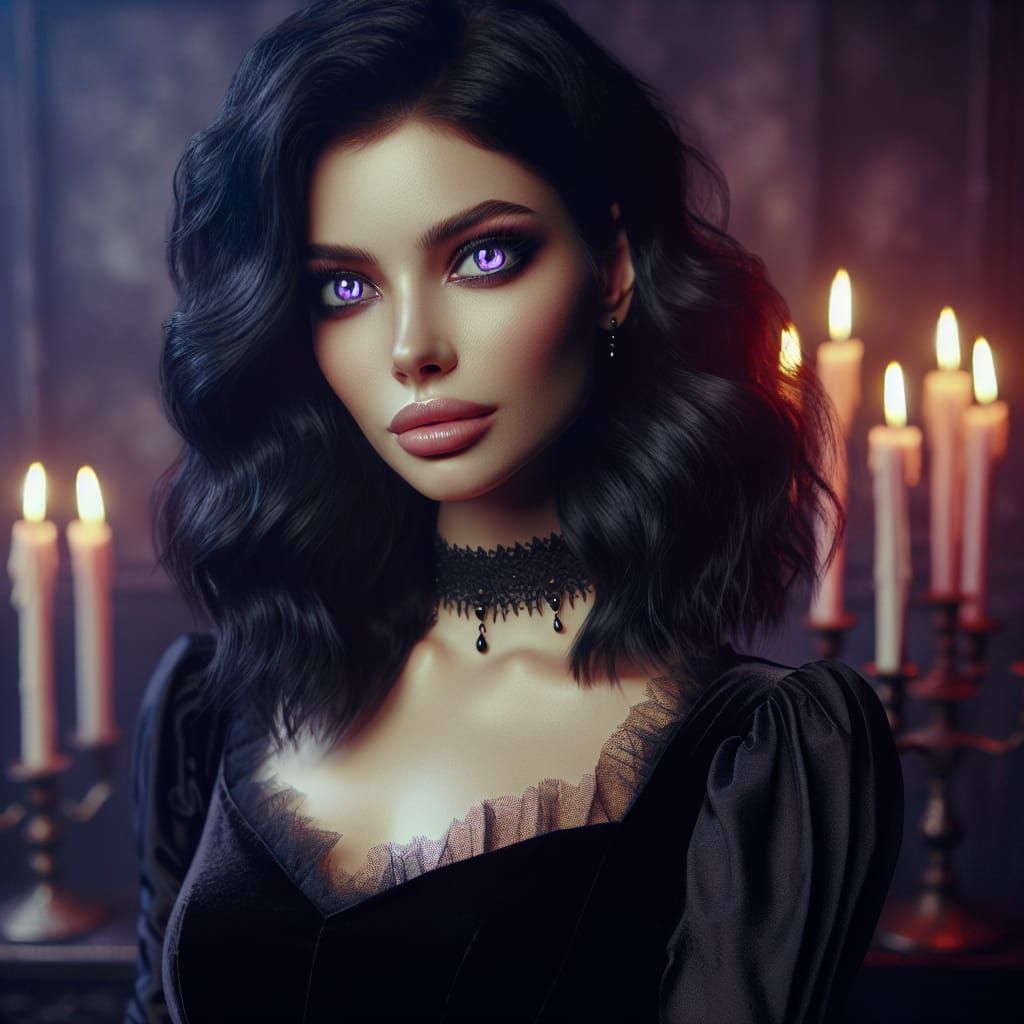 Ethereal Woman with Purple Eyes in Medieval Setting