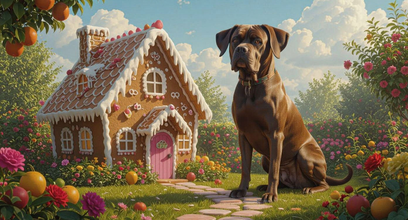 Cane Corso Dog Guarding Gingerbread House