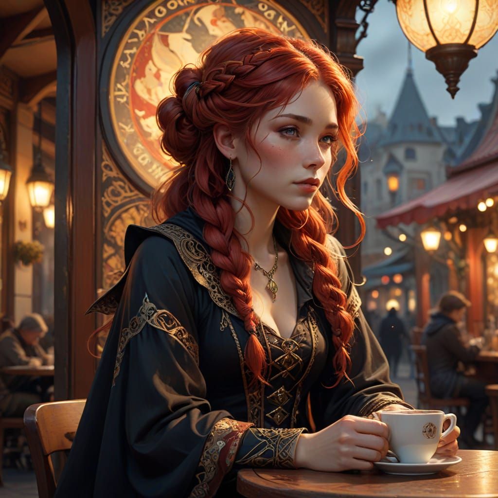Enchanting Witch Sips Coffee in Atmospheric Cafe