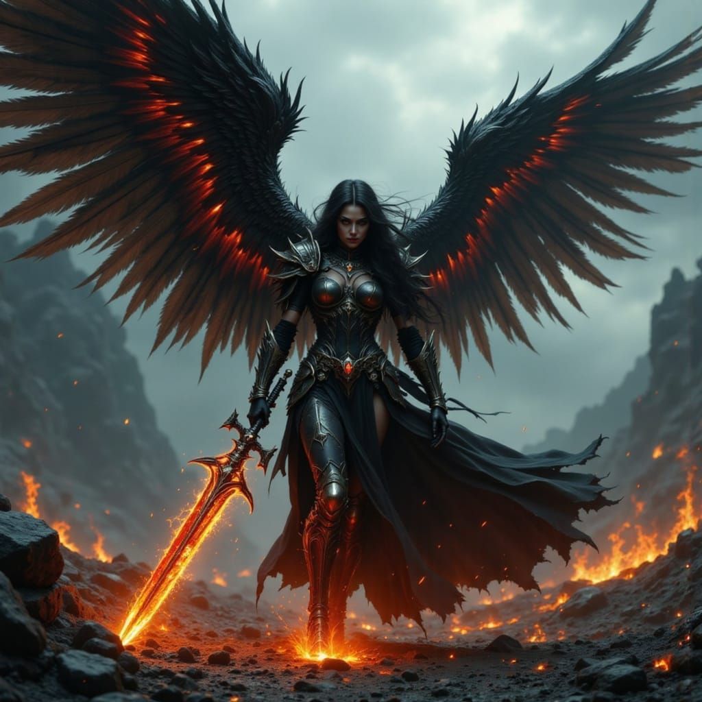 Grimdark Angel of Vengeance in Cyberpunk Style