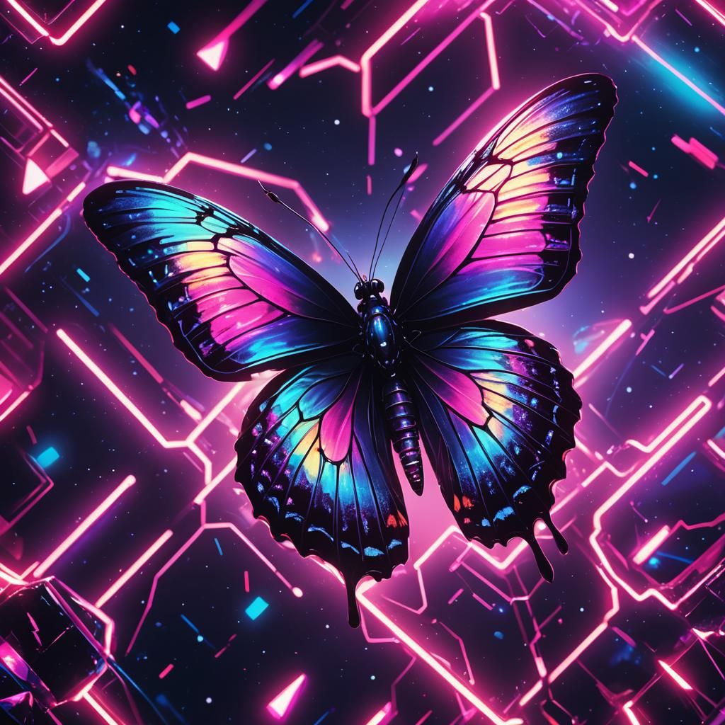Synthwave Butterfly with Galaxy Wings in Neon Colors