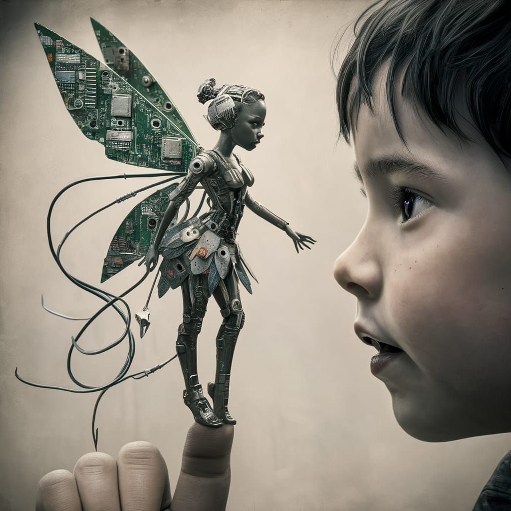 Cybernetic Fairy Sculpture on Fingertip, High Detail Photogr...