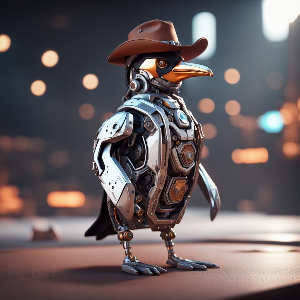 Cyborg Cowboy Penguin in Futuristic Sci-Fi Style